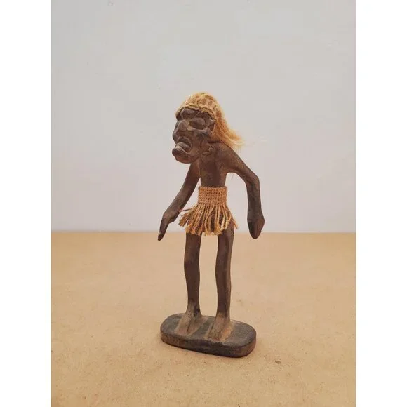 Vintage Hawaiian Carved Wood Tiki Kahuna Tribal , Hemp Rope Hair and Grass Skirt - Picture 11 of 16